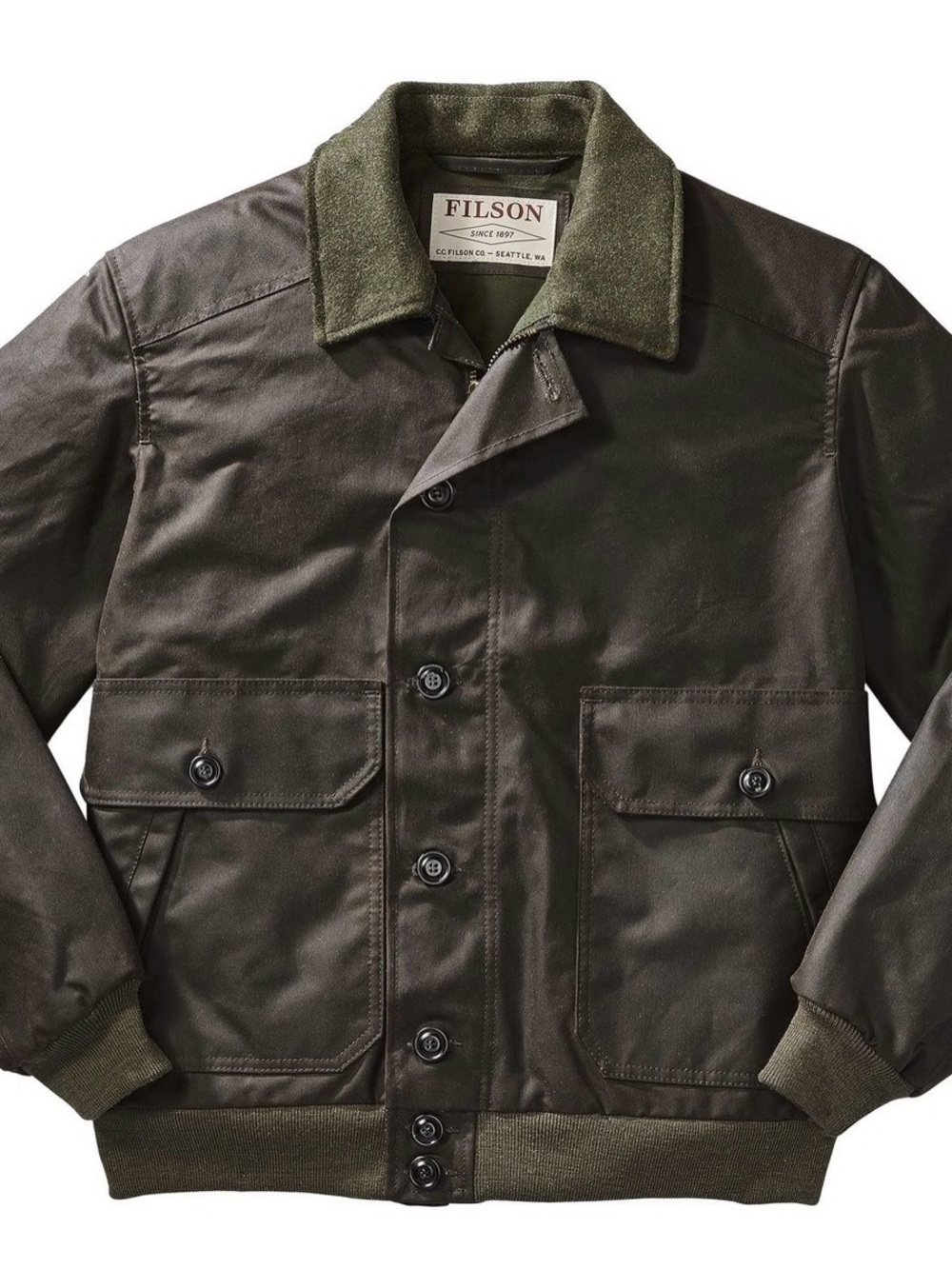 Filson Olive Green Waxed Ranger Bomber Jacket